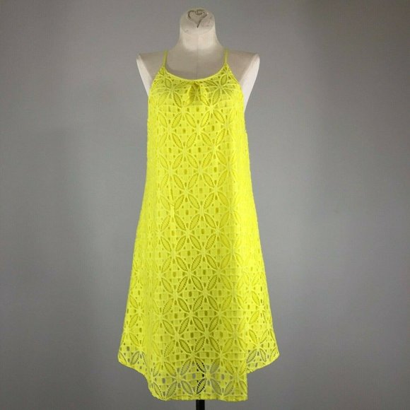 NWT Gianni Bini GB Yellow Lace Dress S Sleeveless High Neck Keyhole Back Overlay - Picture 6 of 11